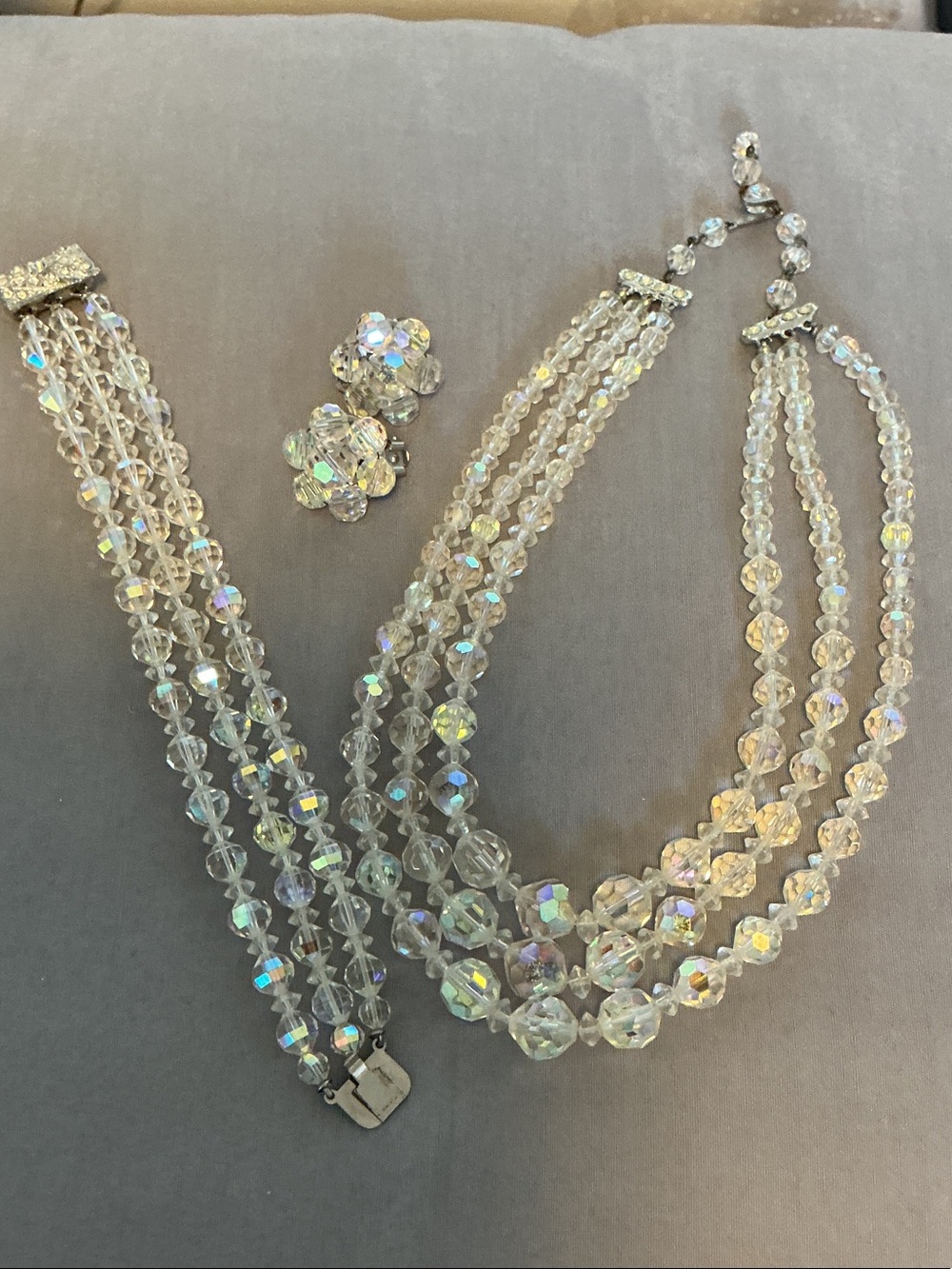 Iridescent Crystal Multi-Strand Necklace with Matching Clip-On Earrings and Bra